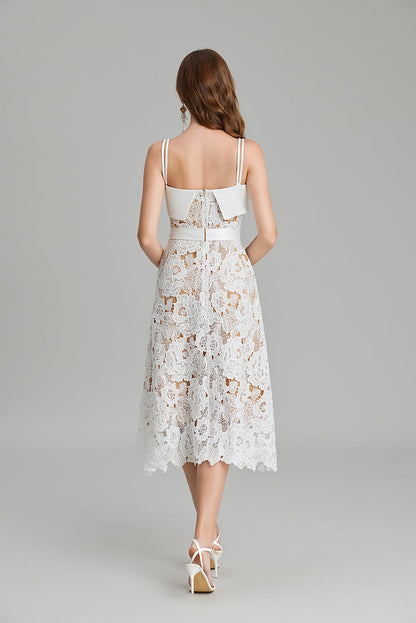 Women Summer Solid Embroidery Belted A Line Maxi Dress