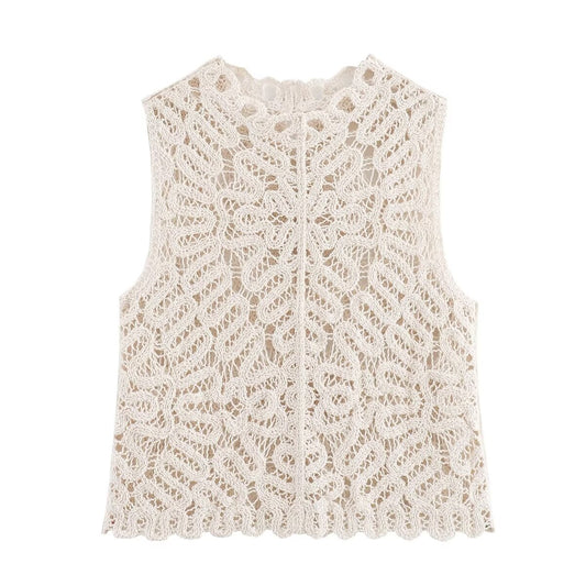 Women Hollow Out Cutout Crochet V neck Cardigan Vest