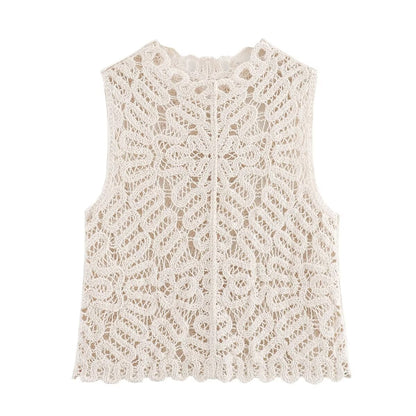 Women Hollow Out Cutout Crochet V neck Cardigan Vest