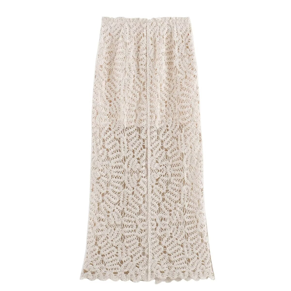 Summer Women Clothing Slimming Solid Color Crocheted Knitted Front Slit Midi Skirt