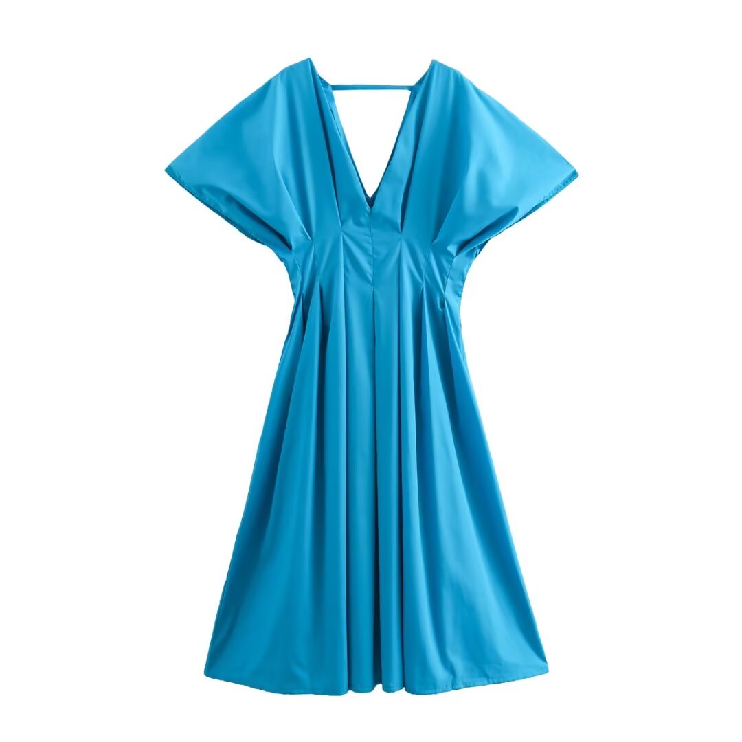 Autumn Winter Women Clothing V Neck Waist Pleated Large Swing Dress Dress