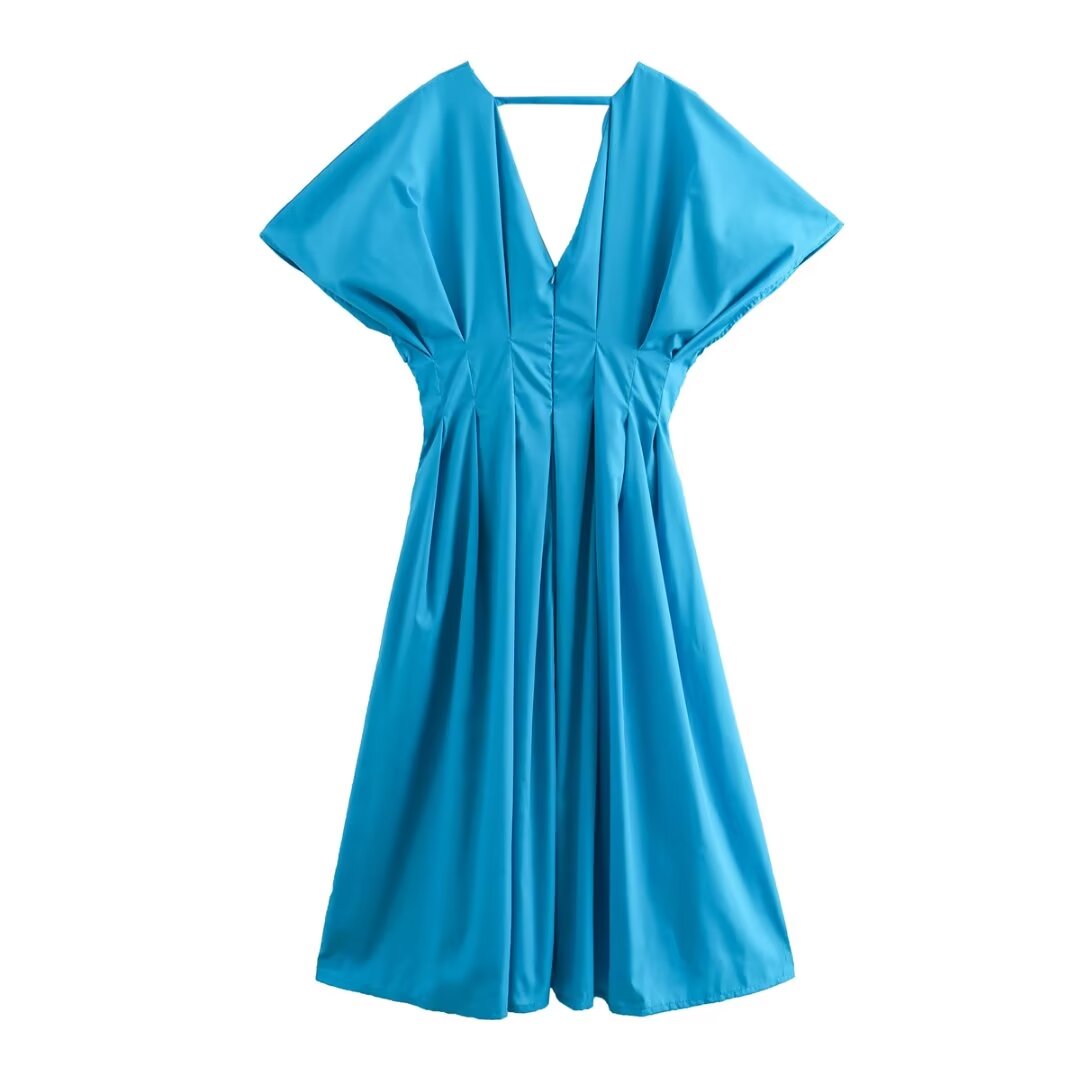 Autumn Winter Women Clothing V Neck Waist Pleated Large Swing Dress Dress