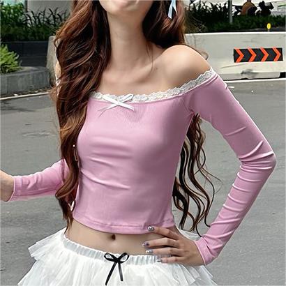 Off Shoulder Lace Edge Long Sleeved Top Sexy All Match Short Bow T shirt for Women