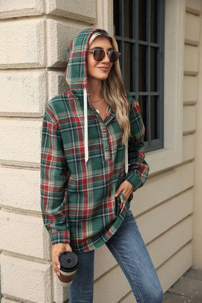 Autumn Winter Loose Long Sleeve Hooded Button Plaid Coat Sweatshirt Women