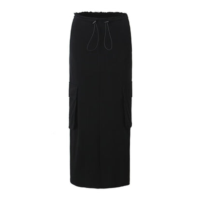 Women High Waist Drawstring Split Skirt High Grade Frayed Floor Length Dress Skirt