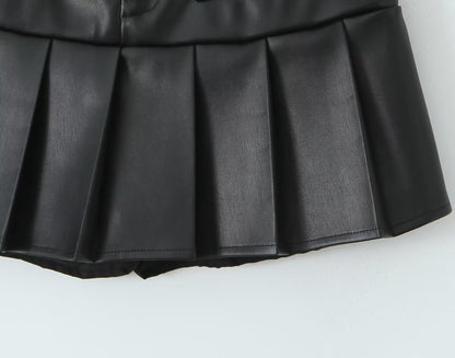 Street Sexy Low Waist Skirt Women Design Stitching Anti Exposure A line Pleated Miniskirt Leather Skirt