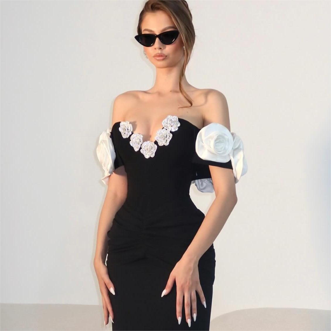 Summer Tube Top Floral Bandage Dress Simple Black Party Dress Women