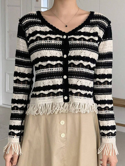 Women Spring Button Black And White Short Cardigans