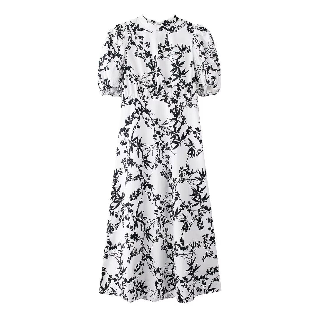 Women Clothing Summer Sexy Backless Puff Sleeve Print Dress