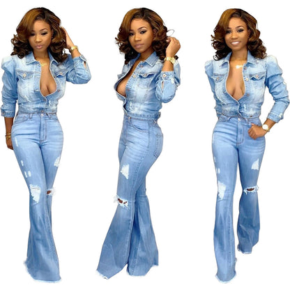 Wide Leg Water Washed Hole Denim Stretch Flared Pants Women Jeans