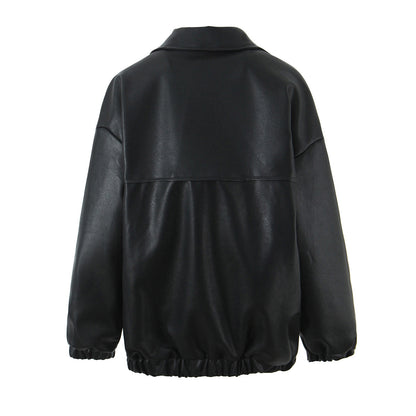 Spring Loose Faux Leather Black Jacket Coat Women Clothing