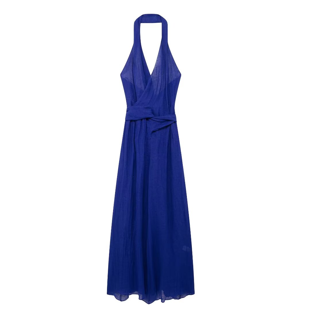 Women Linen Blended Sexy Halter Maxi Dress