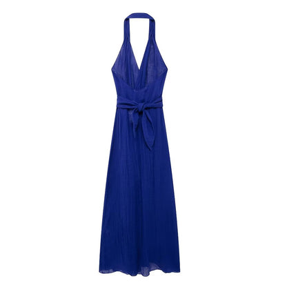 Women Linen Blended Sexy Halter Maxi Dress