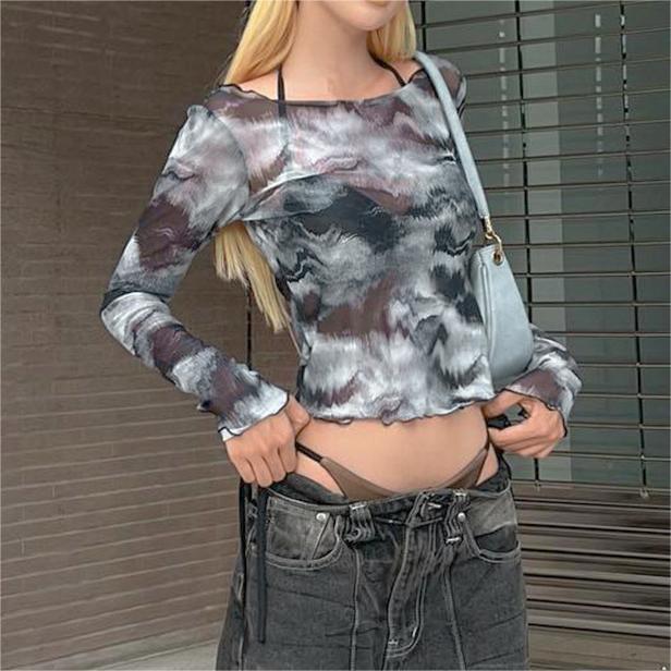 Off Shoulder Slim Fit Slimming Long Sleeves Printed T Shirt Summer Women Western All Matching