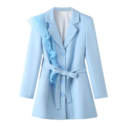 Blue Short Blazer for Women Spring Autumn Casual Long Sleeve Blazer