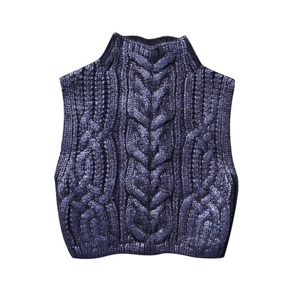 Women Clothing Winter Eight Strand Knitted Metallic Stand Collar Casual Knitted Vest Jacket