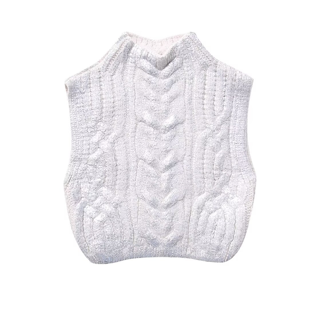 Women Clothing Winter Eight Strand Knitted Metallic Stand Collar Casual Knitted Vest Jacket