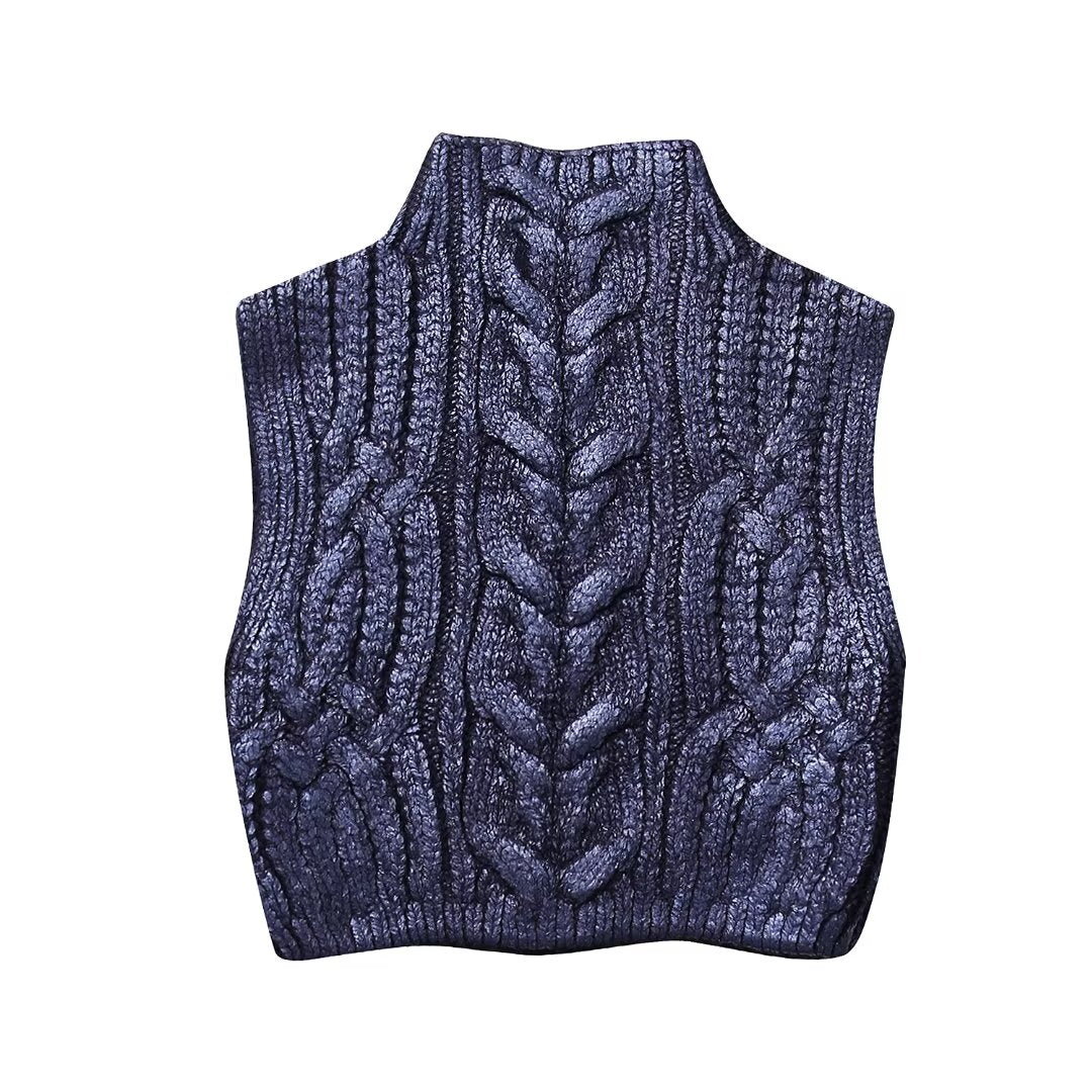 Women Clothing Winter Eight Strand Knitted Metallic Stand Collar Casual Knitted Vest Jacket