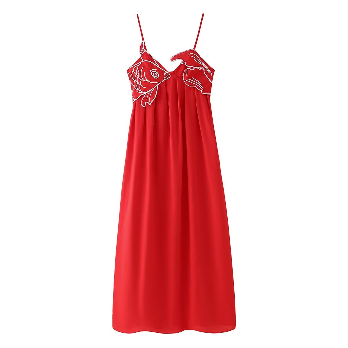 Women Clothing Chinese Red Fish Shaped Bra Sexy Women Sleeveless Pleated Sling Dress