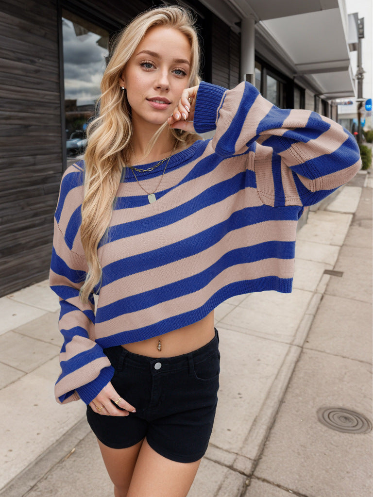 Autumn Winter Women Pullover Sweater Striped Loose Short Sweater