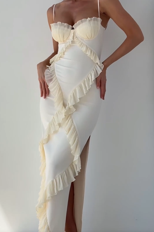 Summer White Tube Top Pleated Ruffled Patchwork Slit Camisole Dress