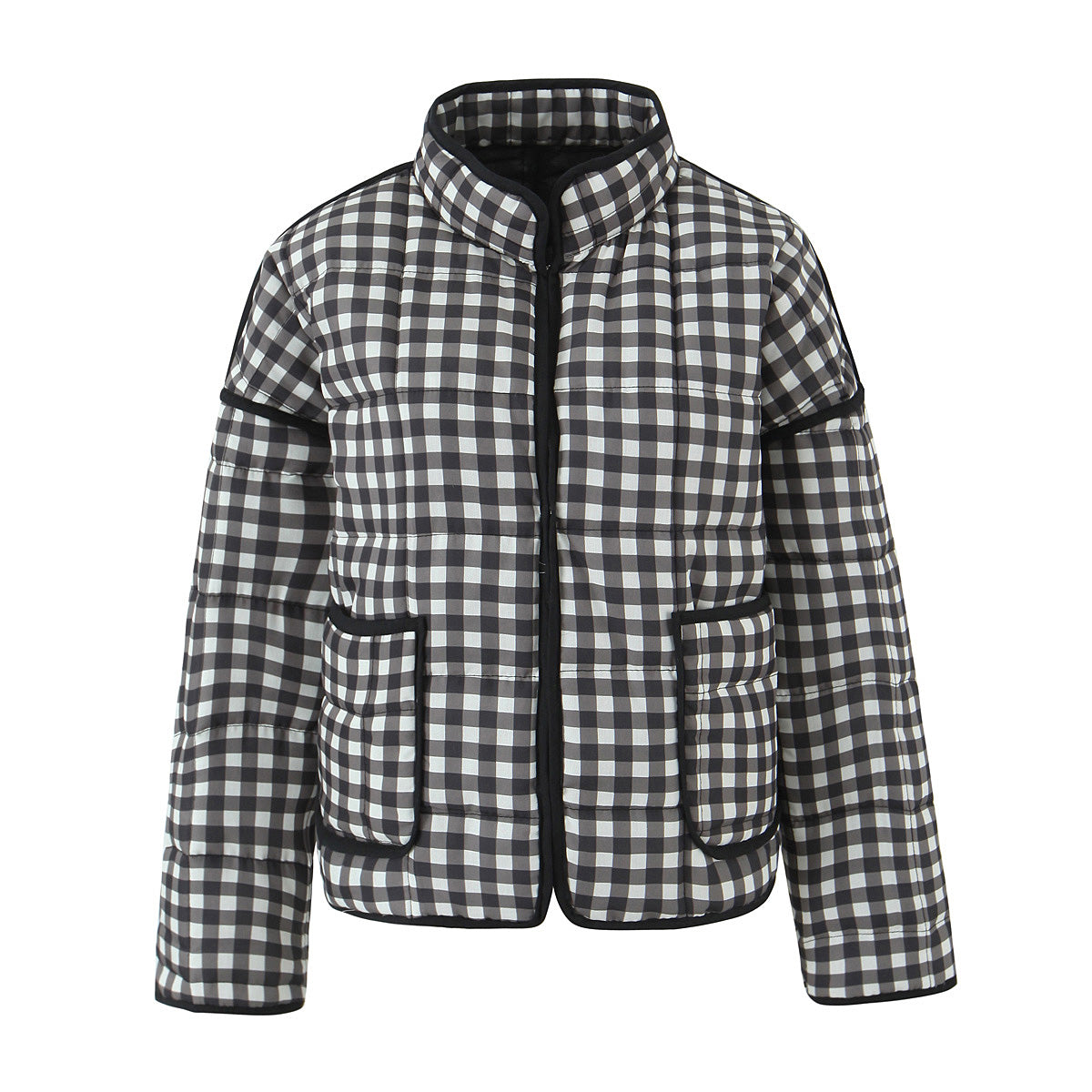 Women Clothing Casual Simple Black White Plaid Colorblock Jacket Small Cotton Padded Jacket