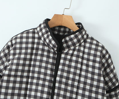 Women Clothing Casual Simple Black White Plaid Colorblock Jacket Small Cotton Padded Jacket