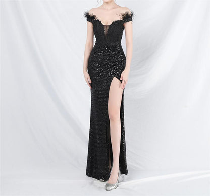 Ostrich Feather Lace Rhinestone Court Vest Boning Corset Waist Tight High End Evening Dress