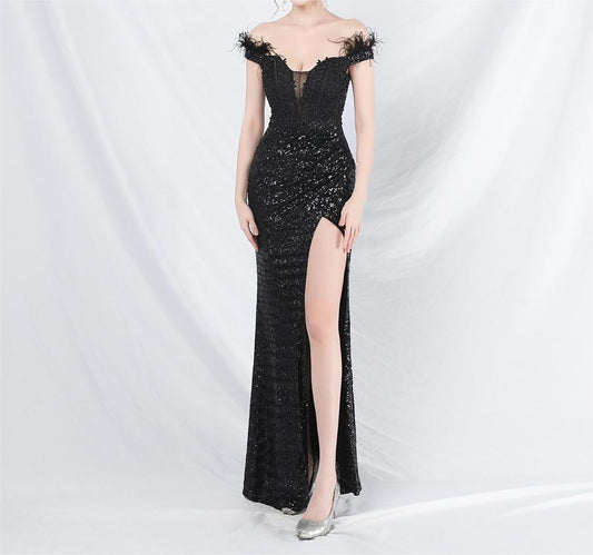 Ostrich Feather Lace Rhinestone Court Vest Boning Corset Waist Tight High End Evening Dress