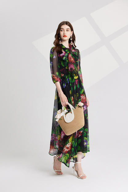 Elegant Printed Tie Up Tencel Dress