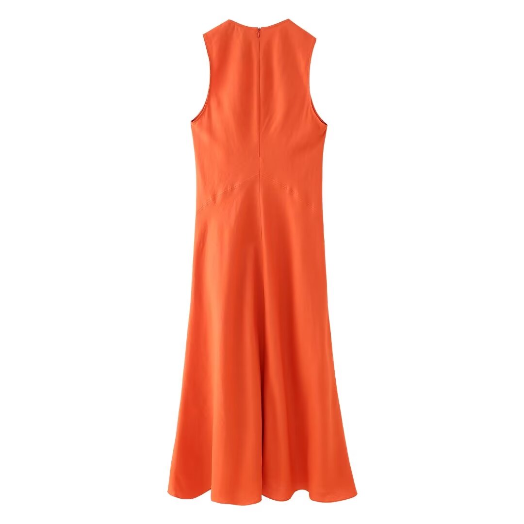 Summer Linen Round Neck Sleeveless Solid Color Dress