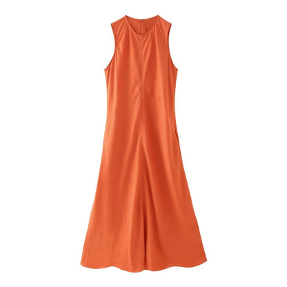 Summer Linen Round Neck Sleeveless Solid Color Dress