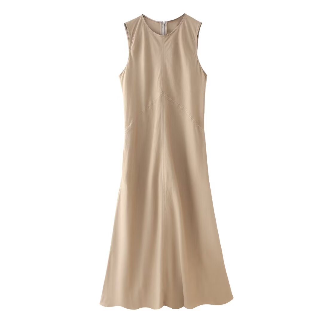 Summer Linen Round Neck Sleeveless Solid Color Dress