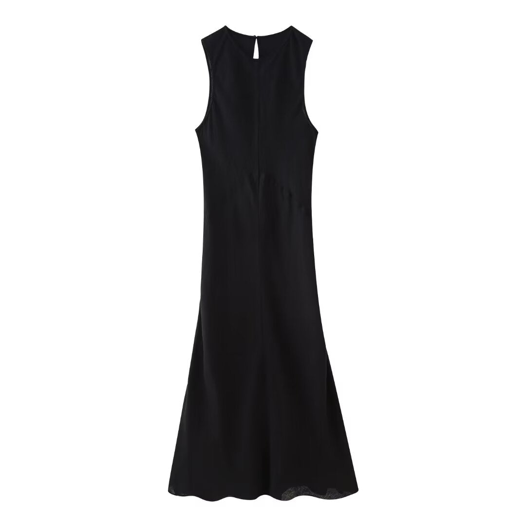 Summer Linen Round Neck Sleeveless Solid Color Dress