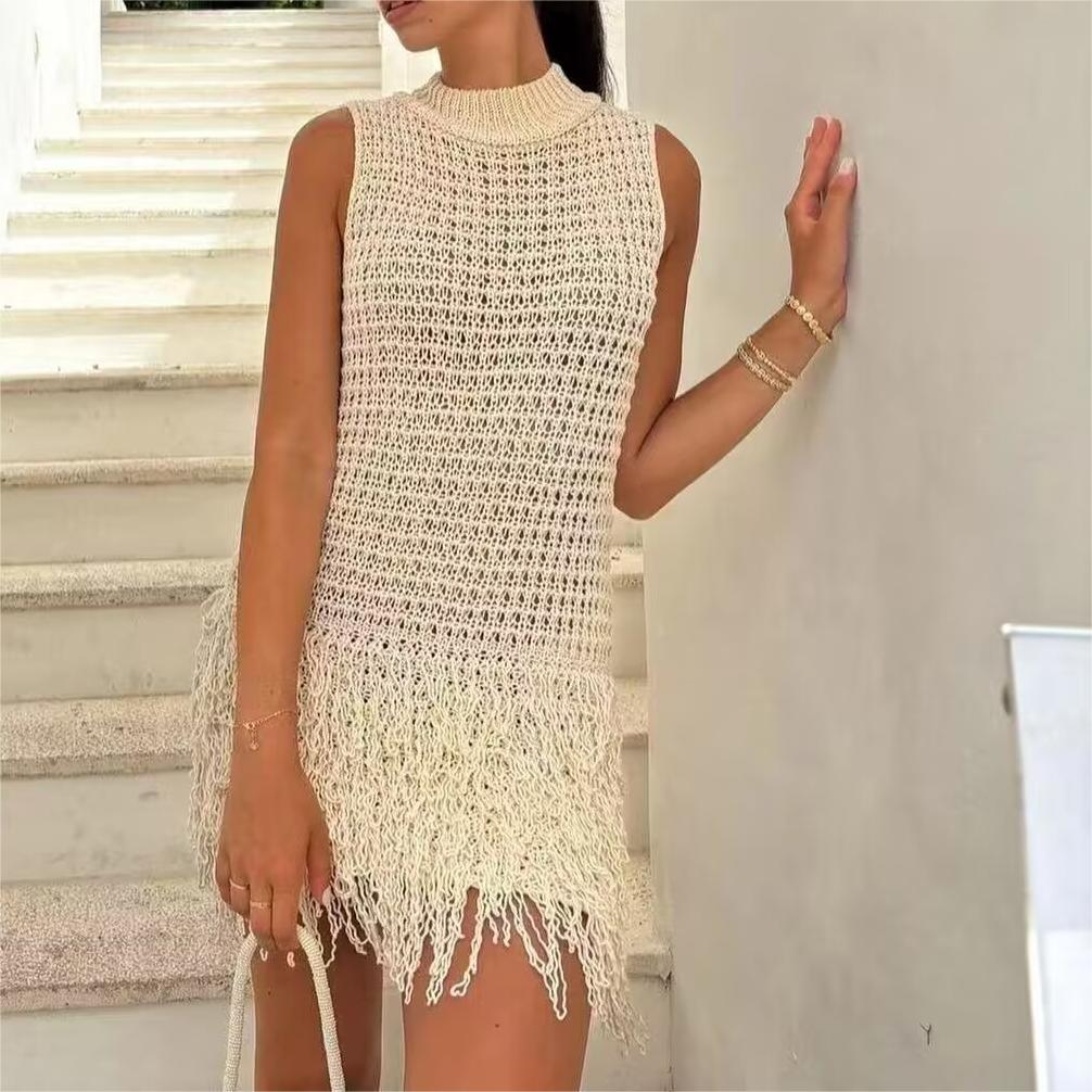 Tassel Sleeveless Knitted T Shirt Women Clothing Summer Sexy Round Neck Dress