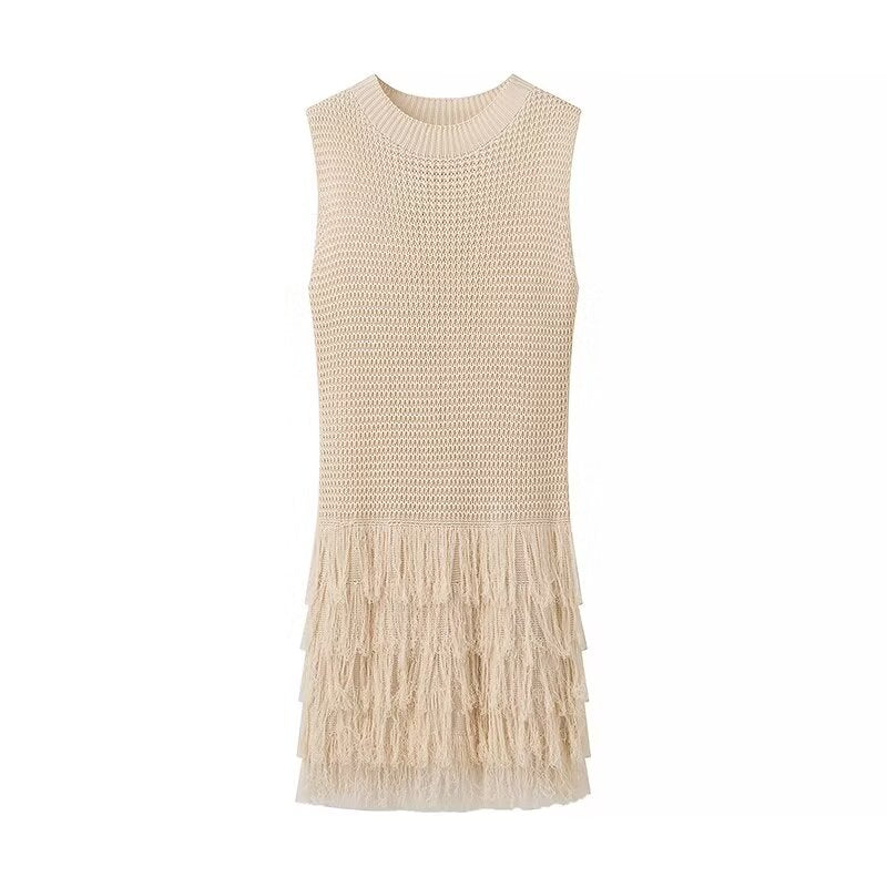 Tassel Sleeveless Knitted T Shirt Women Clothing Summer Sexy Round Neck Dress