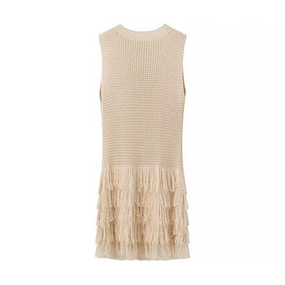 Tassel Sleeveless Knitted T Shirt Women Clothing Summer Sexy Round Neck Dress