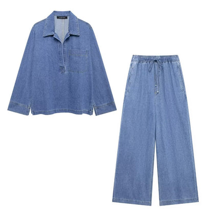 Women Open Collar Patch Pocket Denim Top Wide Leg Drawstring Grinding Trousers