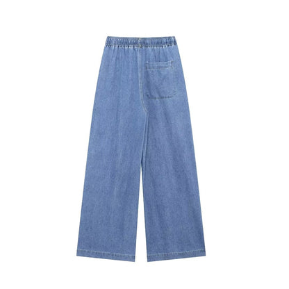 Women Open Collar Patch Pocket Denim Top Wide Leg Drawstring Grinding Trousers