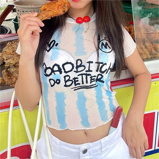 Sports Striped Letters Printed Slightly See through Cropped Outfit Cropped Short Top T shirt