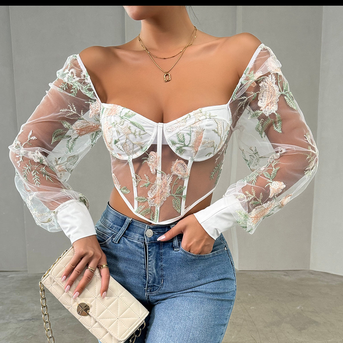 Best Seller in Sexy Mesh Puff Sleeve Sexy Lace Sexy V neck Women Top