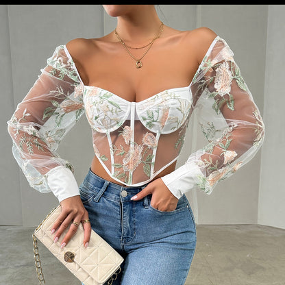 Best Seller in Sexy Mesh Puff Sleeve Sexy Lace Sexy V neck Women Top