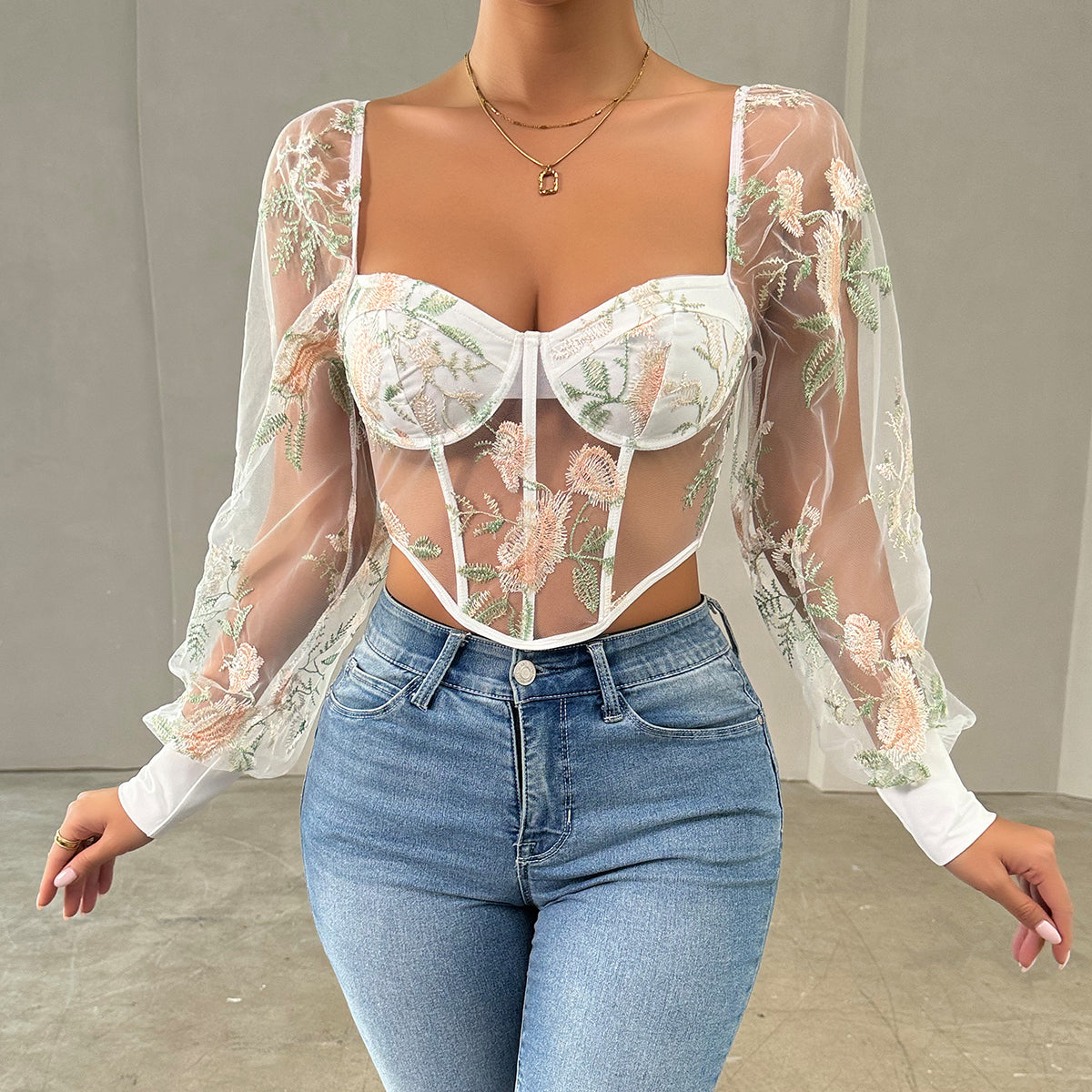 Best Seller in Sexy Mesh Puff Sleeve Sexy Lace Sexy V neck Women Top