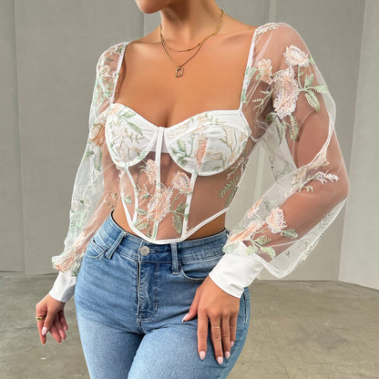 Best Seller in Sexy Mesh Puff Sleeve Sexy Lace Sexy V neck Women Top