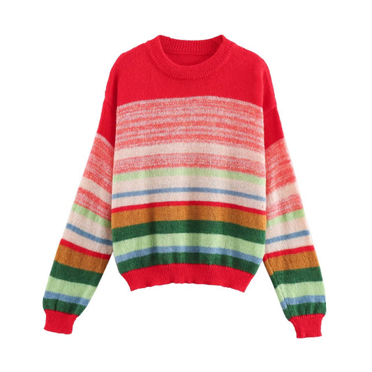 Summer Women Clothing Skittles Pullover Contrast Color Striped Mohair Knitted Top