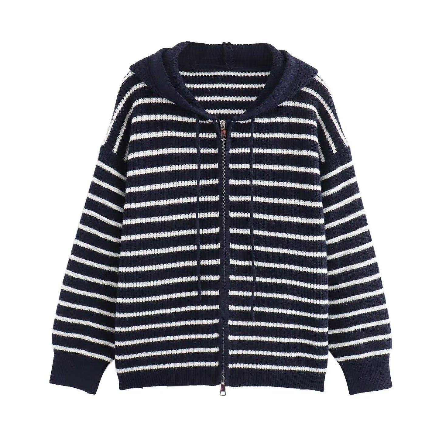 Fall Women Clothing Fashionable Simple Striped Zipper Cardigan Hooded Knitted Sweater Coat