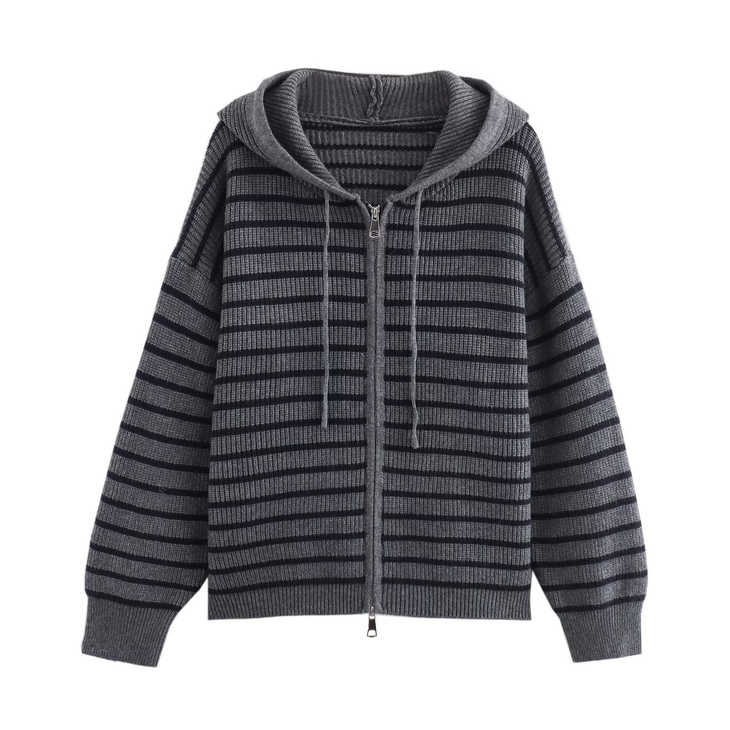 Fall Women Clothing Fashionable Simple Striped Zipper Cardigan Hooded Knitted Sweater Coat