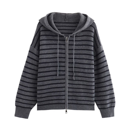 Fall Women Clothing Fashionable Simple Striped Zipper Cardigan Hooded Knitted Sweater Coat