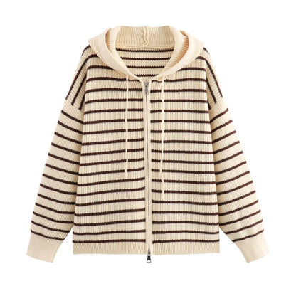 Fall Women Clothing Fashionable Simple Striped Zipper Cardigan Hooded Knitted Sweater Coat