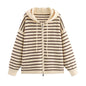 Fall Women Clothing Fashionable Simple Striped Zipper Cardigan Hooded Knitted Sweater Coat